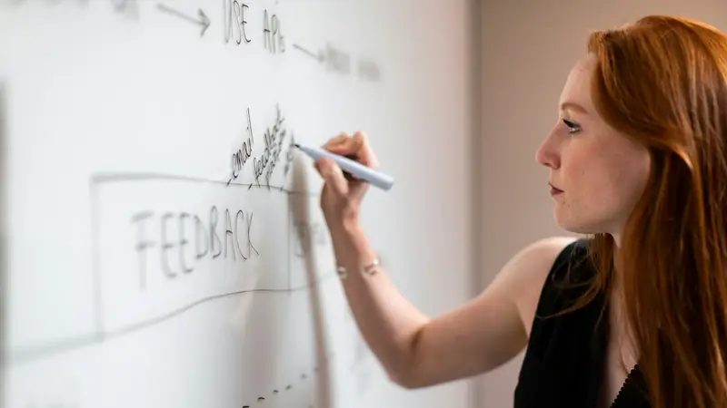 Woman with red hair writing notes on a whiteboard next to a hand-drawn box labelled Feedback